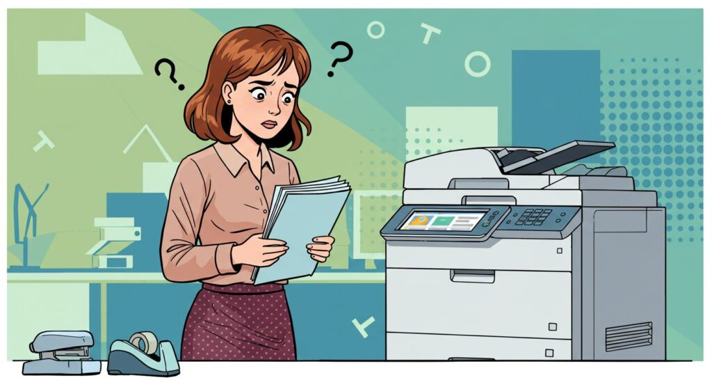 コピー機の前で困り顔の女性社員のイラスト