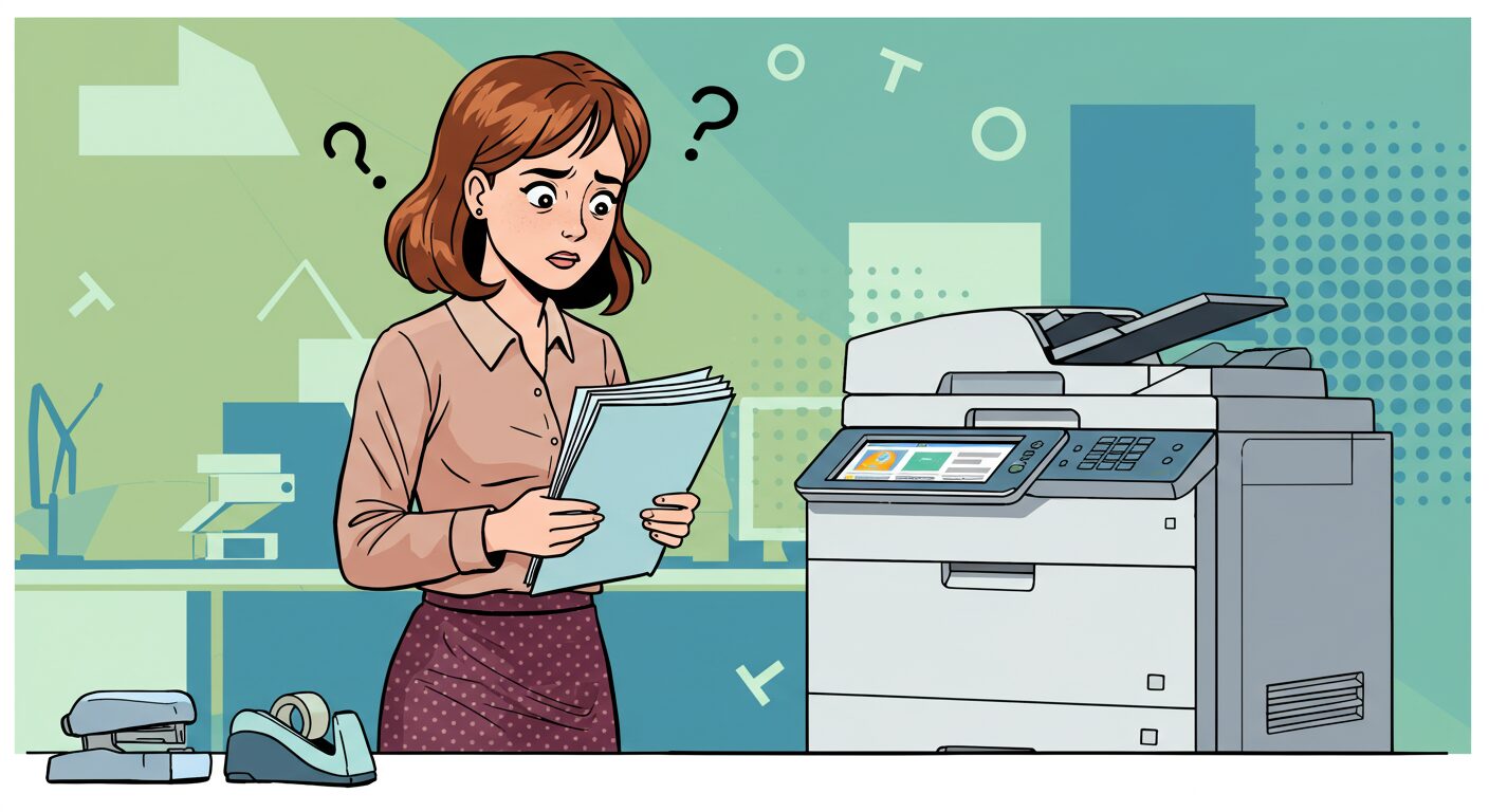 コピー機の前で困り顔の女性社員のイラスト